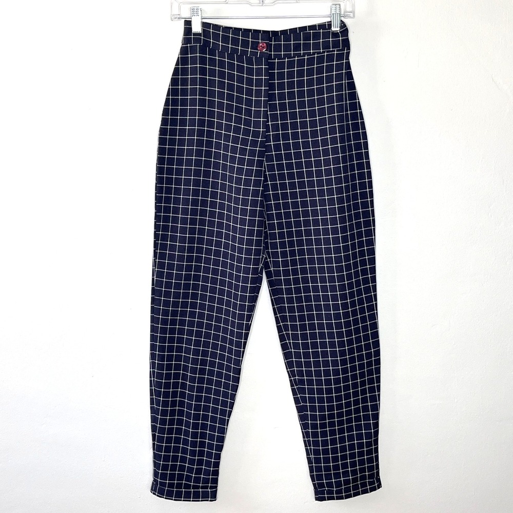 Nasty Gal Trouser Pants Mini Windowpane Check Print Navy-0 Career Preppy Classic